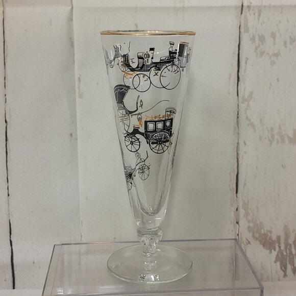 Libbey Champagne Glass Curio Carriage Set Of 5 Trumpet Fluted MCM Black Gold Car - Picture 5 of 11